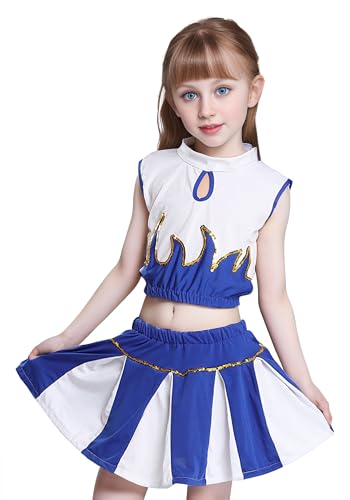 GEMVIE Cheerleader-Kostüm für Mädchen Kurzes Kostüm Cheerleader-Kostüm Halloween Kostüm Karneval Blusen und kurze Röcke Blau-140CM von GEMVIE