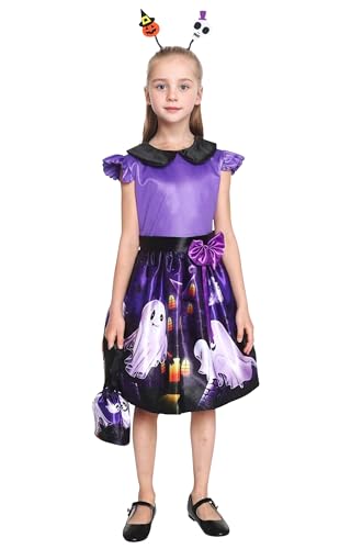 GEMVIE Kinder Halloween Kostüm | Kürbis-Elf Design | Inklusive Kleid, Stirnband und Süßigkeitentasche purple XL von GEMVIE