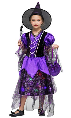 GEMVIE Kinderkostüm Mädchen Hexe Kostüm Halloween Karneval Fasching Cosplay Leuchtende Kostüme Violett Hexenkleid + Hexenhut + ZuckerBeutel + Zauberstab 10-12 Jahre von GEMVIE