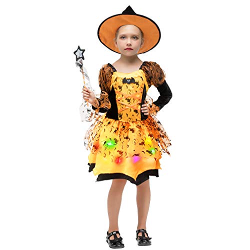 GEMVIE Kinderkostüm Mädchen Halloween Hexe Kostüm Karneval Fasching Cosplay Leuchtende Kostüme Orange Hexenkleid + Hexenhut + ZuckerBeutel + Zauberstab 10-12 Jahre von GEMVIE
