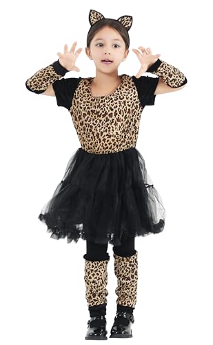GEMVIE Kinderkostüm Leopard Kostüme Tutu Kleid mit Haarreif Mädchen Fasching Karneval Halloween Tiere Cosplay Verkleidung 10-12 Jahre von GEMVIE