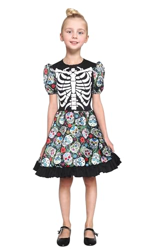 GEMVIE Skelett Kostüm Mädchen Halloween Kostüm Totenkopf Knochen Kleid Horror Schädel Kostüm für Karneval Fasching XL von GEMVIE
