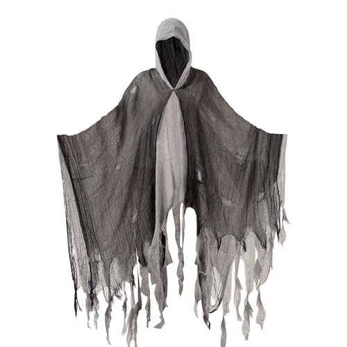 GENEMEN Halloween-Umhang mit Kapuze für Erwachsene, schrecklicher Geisterumhang, Zauberer-Robe, Cosplay, Mittelalter-Kostüm, Umhang (grau) von GENEMEN