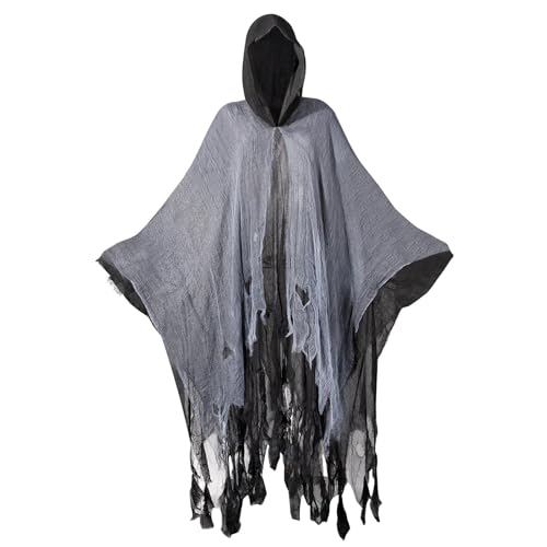 GENEMEN Horrible Umhang mit Kapuze für Herren und Damen, Spukzauberer-Umhang, Cosplay, Halloween, Kostüme, Kapuzenumhang (Schwarz/Grau) von GENEMEN