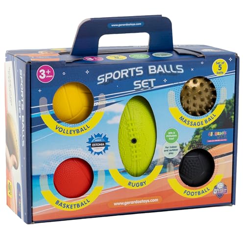 GERARDO'S Toys Kleiner Ball Set mit 5 verschiedenen Sport bälle - Massageball, Mini Basketball, Mini Fussball, Rugby Ball und Volleyball Ball. BPA- und Phthalatfrei Mini Spielball Set. von GERARDO'S
