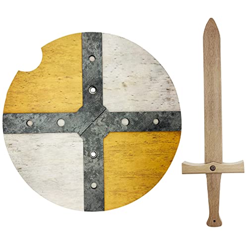 GERILEO Mittelalterliches Holz Schild und Schwert - Spielzeug für Jungen und Mädchen - Spielzeug für Jungen, Mittelalterliche Kostüme, Vikinger, Ritter, Thor, Ragnar (Gelb) von GERILEO