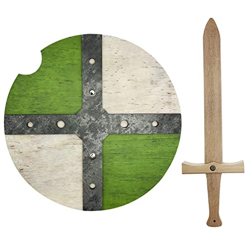 GERILEO Mittelalterliches Holz Schild und Schwert - Spielzeug für Jungen und Mädchen - Spielzeug für Jungen, Mittelalterliche Kostüme, Vikinger, Ritter, Thor, Ragnar (Grün) von GERILEO