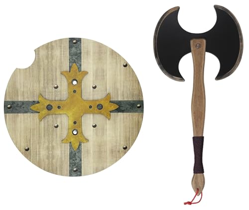 GERILEO Mittelalterliches Spielzeug Schild und Axt aus Holz - Spielzeug für Jungen und Mädchen - Spielzeug für Kinder, Mittelalterliche Kostüme, Vikinger, Ritter, Thor, Ragnar, Ritter (Grau) von GERILEO