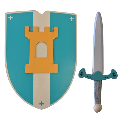 Ritter Schwert und Schild aus Holz, Handgefertigtes - Spielzeug für Kinder, Jungen und Mädchen - Kompliment für Spiele, Imitationsspiele, Kostüm, Mittelalter, Krieger, Mottoparty (Türkis, 30 cm) von GERILEO