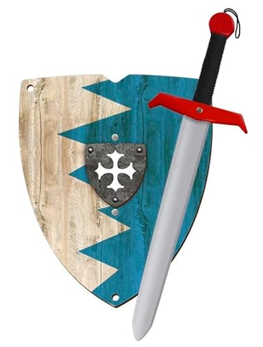 Ritter Schwert und Schild aus Holz, Handgefertigtes und Bemaltes - Spielzeug für Jungen, Mädchen, Kinder - Ergänzung für Spiele, Imitationsspiele, Kostüme, Mittelalter, Krieger, Mottoparty (Blau) von GERILEO