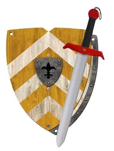 Ritter Schwert und Schild aus Holz, Handgefertigtes und Bemaltes - Spielzeug für Jungen, Mädchen, Kinder - Ergänzung für Spiele, Imitationsspiele, Kostüme, Mittelalter, Krieger, Mottoparty (Gelb) von GERILEO
