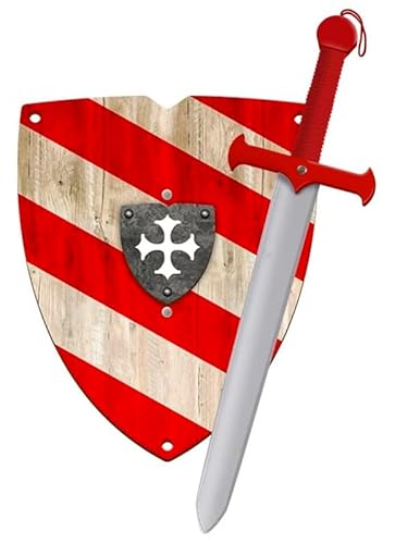 Ritter Schwert und Schild aus Holz, Handgefertigtes und Bemaltes - Spielzeug für Jungen, Mädchen, Kinder - Ergänzung für Spiele, Imitationsspiele, Kostüme, Mittelalter, Krieger, Mottoparty (Rot) von GERILEO