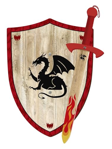 Ritter oder Drache Schwert und Schild aus Holz, Handgefertigtes - Spielzeug für Jungen, Mädchen, Kinder - Ergänzung für Spiele, Imitationsspiele, Kostüme, Mittelalter Krieger Mottoparty (Drachen) von GERILEO