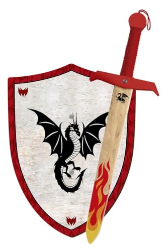 Ritter oder Drache Schwert und Schild aus Holz, Handgefertigtes - Spielzeug für Jungen, Mädchen, Kinder - Ergänzung für Spiele, Imitationsspiele, Kostüme, Mittelalter Krieger Mottoparty (F. Drache) von GERILEO