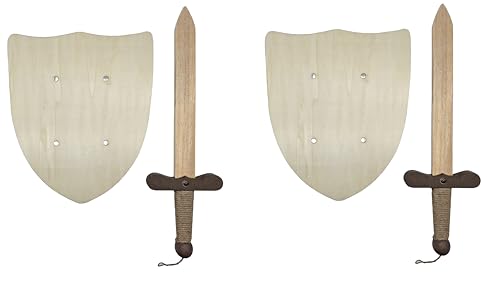 Set 2 mittelalterlichen Holzschwertern und 2 Holzschilden zum Bemalen - Spielzeug Jungen und Mädchen - Heimwerken, Basteln, Kinderspielzeug, Mittelalterliche Kostüme, Ritter (2 Schilde + 2 Schwerter) von GERILEO