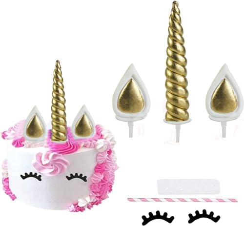 EinhornM Kuchen Topper Gold Cake Topper für Geburtstag Hochzeit Party Kuchendeko, Niedlich Horn Ohren und Wimpern Kuchen Torte Deko，für Party,Babyparty (Golden) von GERUI