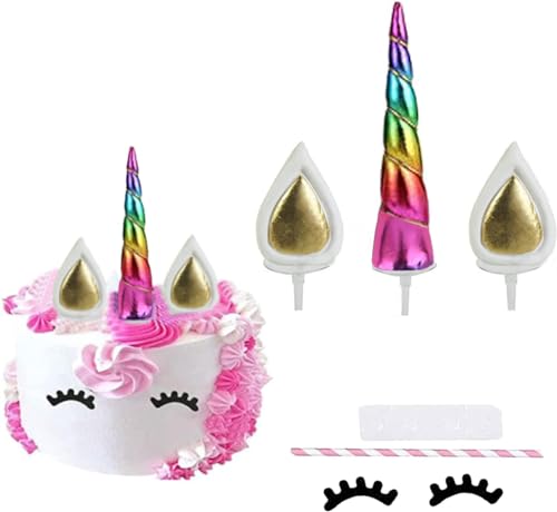 EinhornM Kuchen Topper Gold Cake Topper für Geburtstag Hochzeit Party Kuchendeko, Niedlich Horn Ohren und Wimpern Kuchen Torte Deko，für Party,Babyparty (Regenbogenfarbe) von GERUI