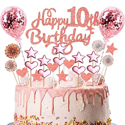 Geburtstag Tortendeko Geburtstag Rosegold Kuchendeckel Geburtstag, Happy Birthday Cake Topper Set mit Herz Stern Luftballons Papierfächer Cupake Topper Dekoration für Geburtstagsparty (10) von GERUI