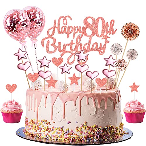 Geburtstag Tortendeko Geburtstag Rosegold Kuchendeckel Geburtstag, Happy Birthday Cake Topper Set mit Herz Stern Luftballons Papierfächer Cupake Topper Dekoration für Geburtstagsparty (80) von GERUI