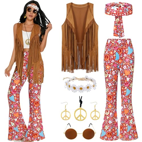 GERVAISE Damen-Outfit im 60er- und 70er-Jahre-Stil, Disco-Kostüm, Fransenweste, Boho-Hose, Zubehör-Set (Rosa, Größe XXL) von GERVAISE