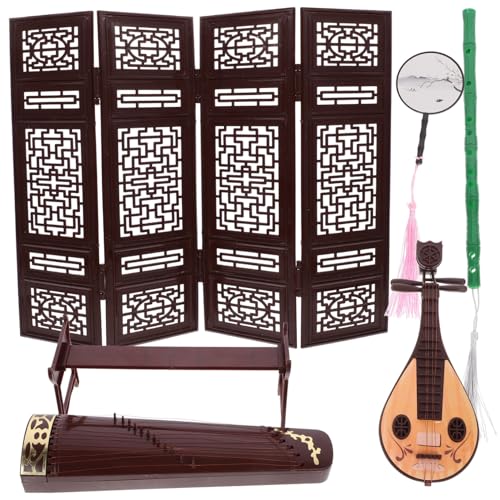 GETAJGHSD Dekorativer Miniatur Bildschirm mit Klassischen Musikinstrumenten für Puppenhäuser mit Pipa Guzheng und Faltfächer für Kreative DIY Micro Landschaften von GETAJGHSD