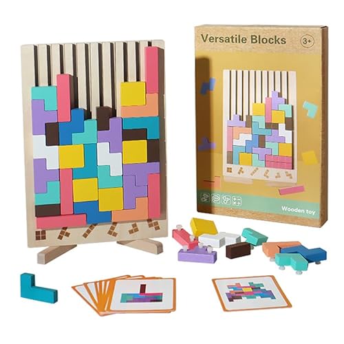 GETBSTOOP Holzstapel-Puzzle Spielzeug, Farbige 3D Blocks mit 10 Karten, Montessori Lernspielzeug Geschenk for Kinder, Denksport Jigsaw Puzzle und Tangram for Kleinkinder von GETBSTOOP