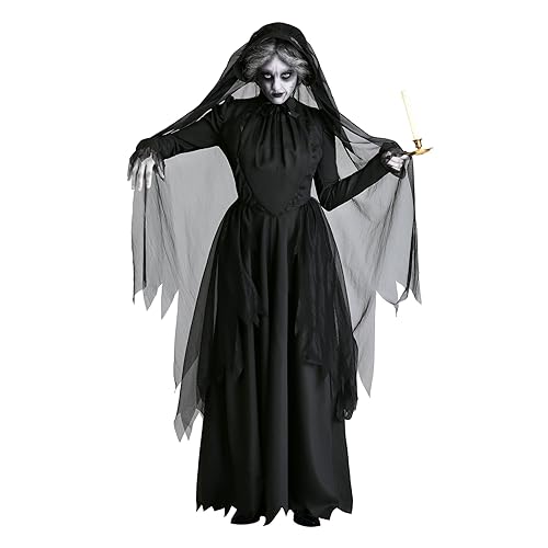 GETERUUV Halloween Kleid Damen Gruselig Zombie Kostüm Schwarzes Geisterbraut Böse Königin Cosplay Karneval Horror Kleid mit Kopfteil von GETERUUV