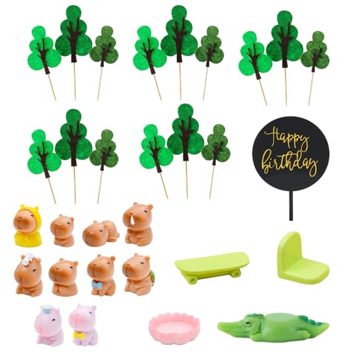 30-teiliges Kuchenaufsatz-Set, Geburtstagstortendekorationen mit Tiermotiven, 14 Mini-Tierfiguren mit 15 Bäumen und 1 Geburtstagsschild, perfekt für Partys und Kuchendekoration von GETJOY