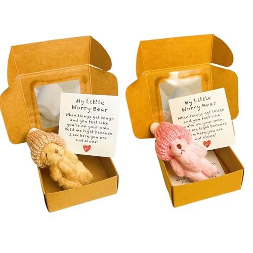 Sorgenbär in einer Box, Mein kleiner Sorgenbär in einer Box, Mini-Plüschbären mit inspirierenden Karten, Stressabbau-Geschenk für Studenten, Paare und Profis (Rosa und Braun) von GETJOY