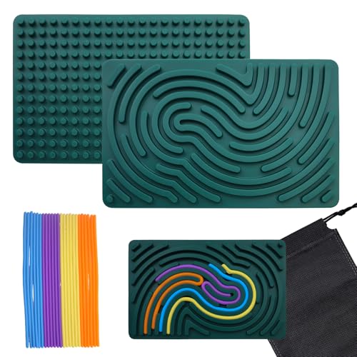 Sensorik Activity Board Silikon, Sensorik Activity Board, Montessori Spielzeug Doppelseitiges Aktivitätsbrett mit 24 Strings & Reisetasche Beruhigung ADHD Autismus Spielzeug für Kinder, Dunkelgrün-2 von GETRICH
