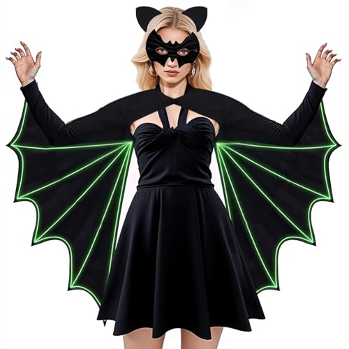 GEWONELIFE Schwarzes Fledermaus-Kostüm für Damen mit nachtleuchtenden Flügeln, Größe L/XL – Erwachsenen-Halloween-Fledermausflügel-Outfit mit Gesichtsabdeckung – Halloween, Cosplay, Theaterzubehör GEWONELIFE Schwarzes Fledermaus-Kostüm für Damen mit nachtleuchtenden Flügeln, Größe L/XL – Erwachsenen-Halloween-Fledermausflügel-Outfit mit Gesichtsabdeckung – Halloween, Cosplay, Theaterzubehör von GEWONELIFE