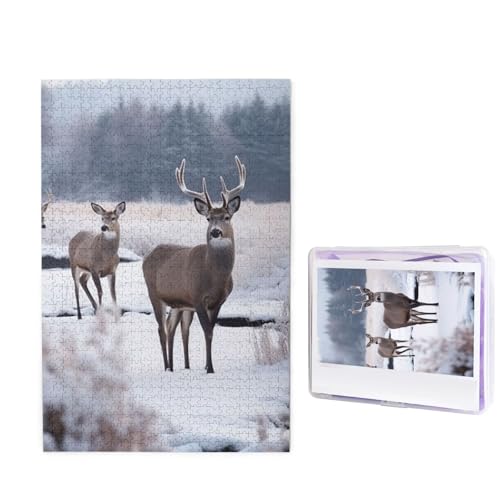 GFLFMXZW Puzzles, 1000 Teile, personalisiertes Puzzle, Hirsch auf gefrorener Wildnis, Fotopuzzle, herausforderndes Bilderpuzzle für Erwachsene, personalisierbares Puzzle mit Aufbewahrungstasche (50 x von GFLFMXZW