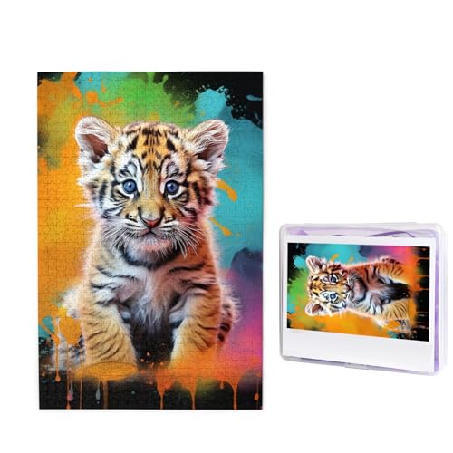 GFLFMXZW Puzzles, 1000 Teile, personalisiertes Puzzle, kleiner Tiger auf buntem Hintergrund, Fotopuzzle, herausforderndes Bild, Puzzle für Erwachsene, personalisierbares Puzzle mit Aufbewahrungstasche von GFLFMXZW
