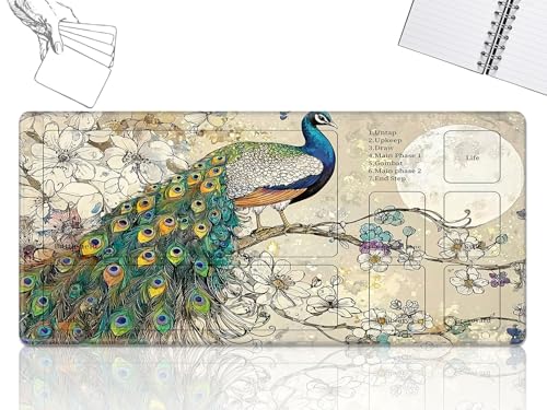 GFRGTFHYT Playmat für MTG-Karten Spielmatte mit rutschfester Gummiunterseite, genähte Feldregeln, Zonen, Spielmatte, Schreibtischmatten mit Pfau, Größe 61 x 35,6 cm, Mauspad für MTG TCG Kartenspiel GFRGTFHYT Playmat für MTG-Karten Spielmatte mit rutschfester Gummiunterseite, genähte Feldregeln, Zonen, Spielmatte, Schreibtischmatten mit Pfau, Größe 61 x 35,6 cm, Mauspad für MTG TCG Kartenspiel von GFRGTFHYT