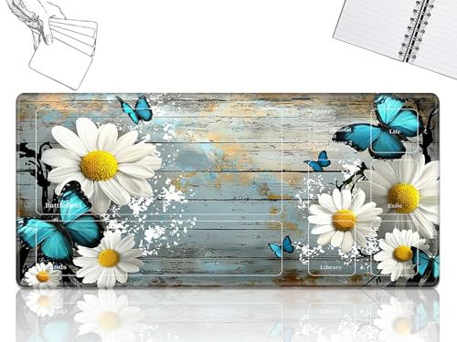 Playmat für MTG-Karten Spielmatte mit rutschfester Gummiunterseite, genähte Feldregeln, Zonen, Spielmatte, Schreibtischunterlage, Holz, Chrysantheme, Schmetterling, 61 x 35,6 cm, Mauspad für MTG TCG von GFRGTFHYT