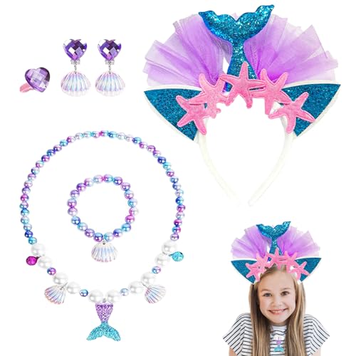 GFTCGK 6 teilig Meerjungfrau Haarreif Mädchen, Meerjungfrau Schwanz, Kette Armband, Perle Halskette, Mädchen Shell Schmuck,für Feier Dekoration Geschenk Geburtstagsfeier Abend Party von GFTCGK