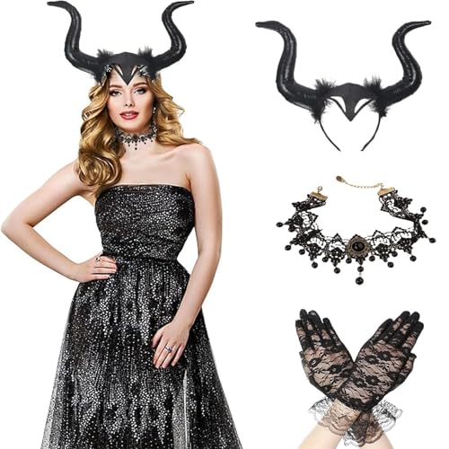 Gothic Hörner Kopfschmuck mit Spitzenhalskette - Hexen Krone für Damen, Karneval Kostüm, Halloween Cosplay, Mittelalter Fest und Maskerade von GFTCGK