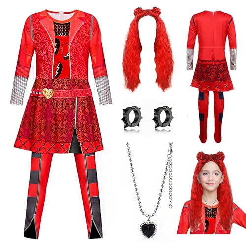 GFTYBCST Rotes Prinzessinnen-Kostüm für Mädchen, roter Overall mit Aufstieg, Kostüm für Halloween und Geburtstagsfeier, 5-12 Jahre Cosplay mit Perücke (9-10 Jahre) von GFTYBCST
