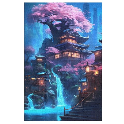 1000 Teile Puzzle Für Jungen Und Mädchen, Standard-Puzzles Neon Wasserfall Tempel, Familienspiele, 78×53cm von GGJJTT