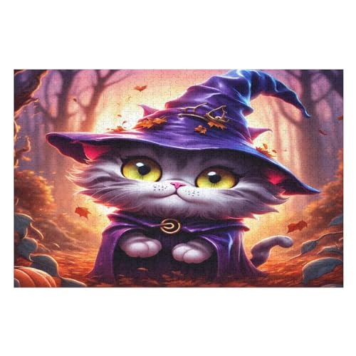 Halloween Katze Puzzles 1000 Teile Erwachsener Kniffel Spaß Für Die Ganze Familie - 1000 Puzzleteilige Motive, Holzpuzzle Kinder Erwachsene, Impossible Puzzle Schwer （75×50cm） von GGJJTT