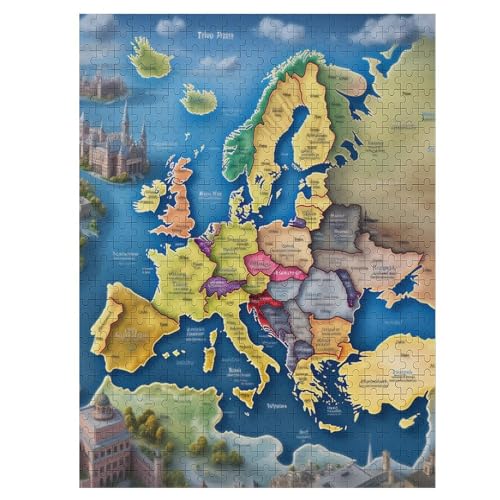 Holzpuzzles 500 Teile Europakarte -Puzzle Für Jungen Und Mädchen, Schwierigkeitsgrad, Lernspiele, Familienspielzeug （55×41cm） von GGJJTT