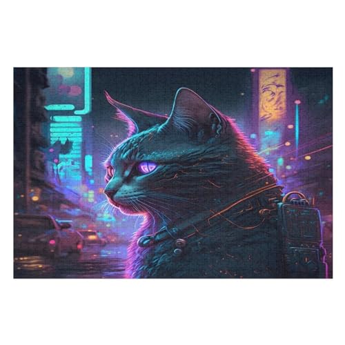 Neon Katze – Puzzle 1000 Teile, Holzpuzzle, Herausforderndes Geschicklichkeitsspiel Für Die Ganze Familie, Kinder Erwachsenenpuzzle Ab 12 Jahren （75×50cm） von GGJJTT