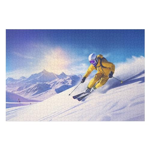 Skifahren in den Bergen 1000Teile Puzzles Für Erwachsene Holzpuzzle Familienpuzzlespiel Stressabbau-Puzzle Für Erwachsene Kinder Ab 12 Jahren 75×50cm von GGJJTT