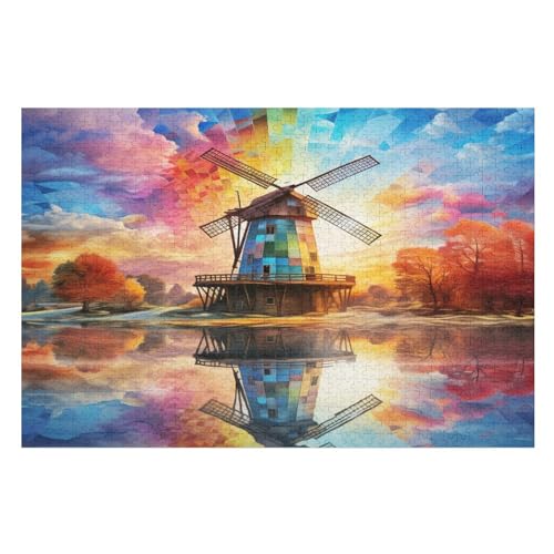 bunt Windmill Puzzle 1000 Teile, Holzpuzzle Herausforderndes Geschicklichkeitsspiel Kinder Erwachsenenpuzzle Ab 12 Jahren 75×50cm von GGJJTT
