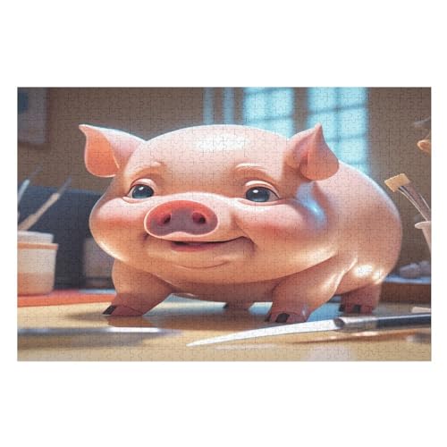 süßes Schwein Puzzle 1000 Teile, Holzpuzzle Herausforderndes Geschicklichkeitsspiel Kinder Erwachsenenpuzzle Ab 12 Jahren 75×50cm von GGJJTT