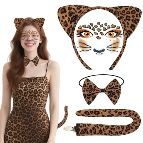GGXDH Gepardenohren Stirnband Kostümzubehör - Leopardenohren, Stirnband und Schwanz, Gepardenohren und Fliege für Erwachsene und Frauen, Halloween-Party, Cosplay von GGXDH