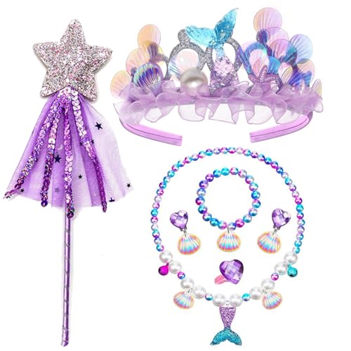 GGesii Meerjungfrauen Kostüm Mädchen, Meerjungfrau Haarreif, 1 Krone, 1 Halskette, 1 Armband, 1 Ring und 1 Paar Ohrringe, für Party Dress Up Geschenk (Lila) von GGesii
