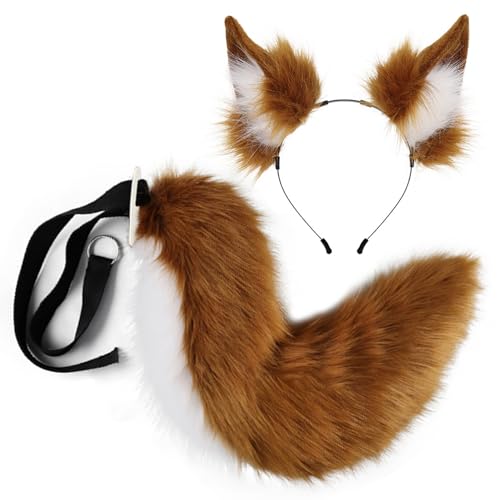 GGpone Halloween Fuchsohren und Schwanzset, weiche Flauschige Fuchs -Ohren -Stirnband und einstellbares pelziges Schwanz, Kostüm für Halloween -Party -Cosplay -Kostüm, Braun Set von GGpone