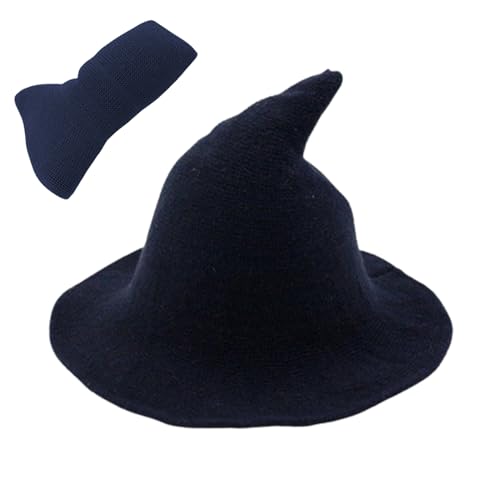 GGpone Halloween Hexenhut Breitkrempe gestrickte Mütze speicherte Kopfspeise Cosplay -Kostüm für Frauen Marine Blue Women Witch Hut von GGpone