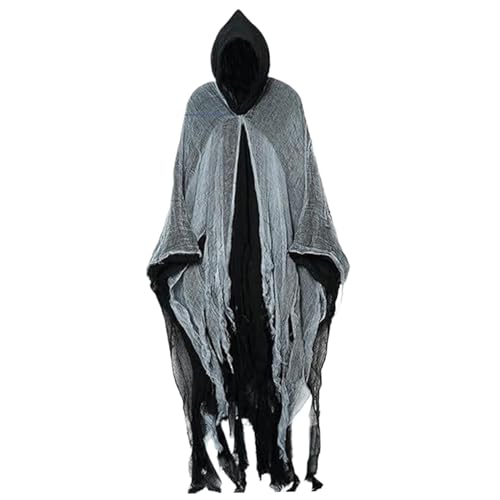 GGpone Hooked Cloak Scary Halloween Shabby Lag Cloak mit weißem Tüll für Männer, Frauen Vintage mittelalterliche Renaissance -Umhang mit Kapuze für Cosplay, Kostüm, Bühne, Filmpropie (Schwarz) Hooked von GGpone
